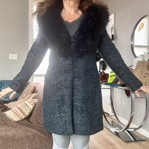 Bash Women's Blue Faux Fur Collar Coat